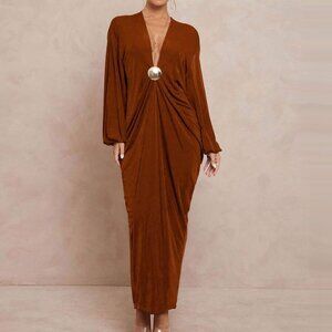 Lumalex Metal Accent Deep Plunging V-Neck Draped Greek Goddess Maxi Dress